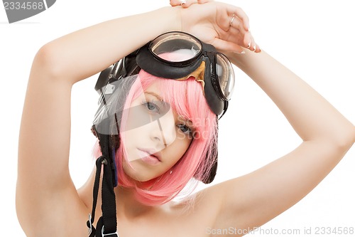 Image of pink hair girl in aviator helmet