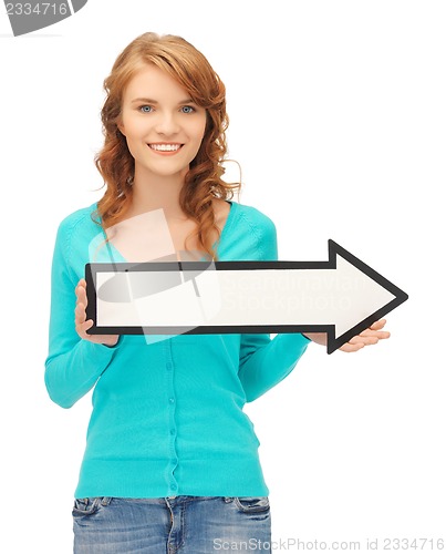 Image of teenage girl with direction arrow sign