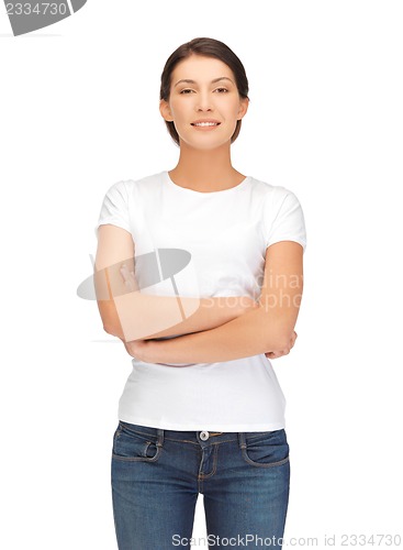 Image of smiling woman in blank white t-shirt