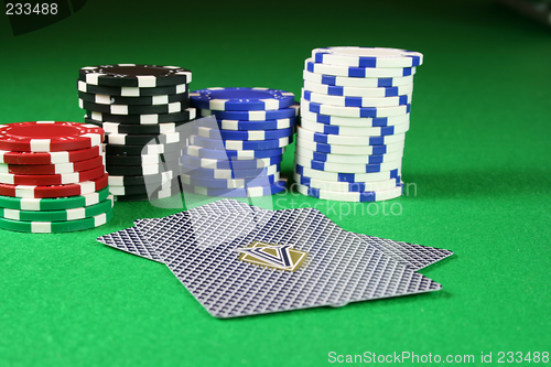 Image of Poker cards face down with poker chips in the background