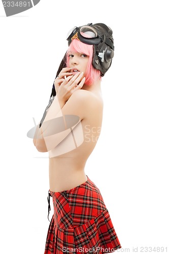 Image of topless pink hair girl in aviator helmet