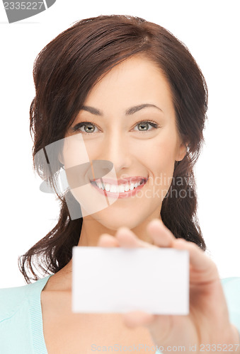 Image of attractive businesswoman with business card