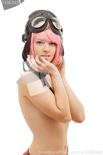 Image of topless pink hair girl in aviator helmet