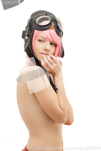 Image of topless pink hair girl in aviator helmet