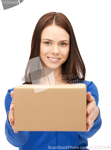 Image of attractive businesswoman with cardboard box