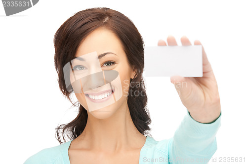 Image of attractive businesswoman with business card