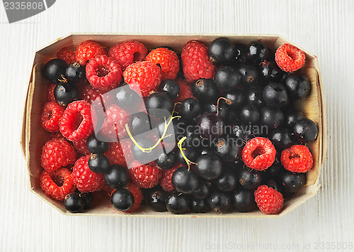 Image of fresh raspberries and black currant berries in a box