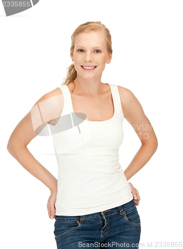 Image of smiling teenage girl in blank white t-shirt