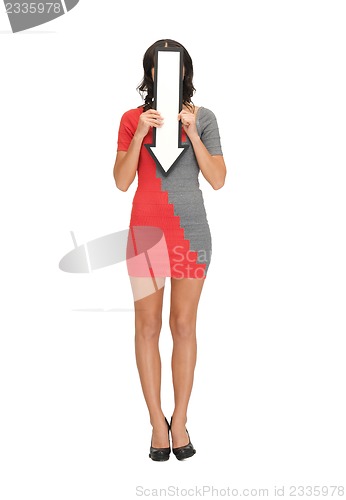 Image of woman with direction arrow sign