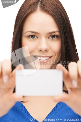 Image of attractive businesswoman with business card