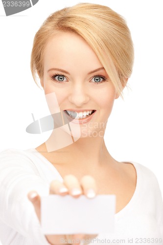 Image of attractive businesswoman with business card