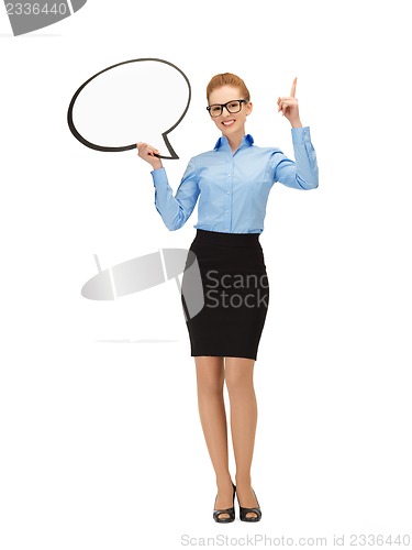 Image of smiling businesswoman with blank text bubble