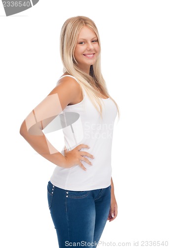 Image of smiling teenage girl in blank white t-shirt