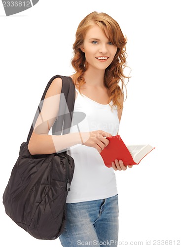 Image of teenage girl in blank white t-shirt with book