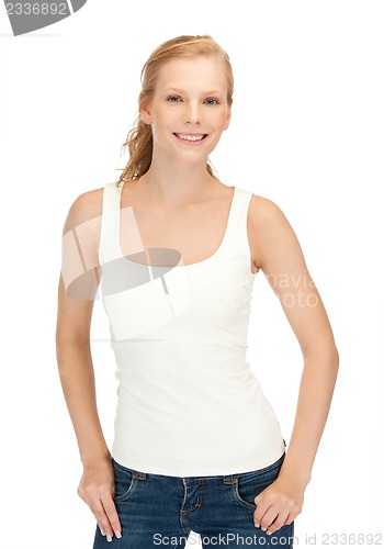 Image of girl in blank white t-shirt showing victory sign