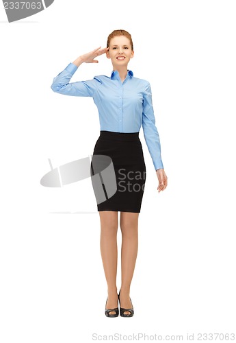 Image of stewardess making salute gesture
