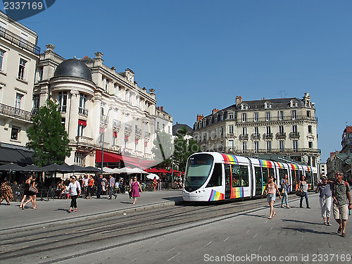Image of Angers, France, July 2013, tramway in the town center square