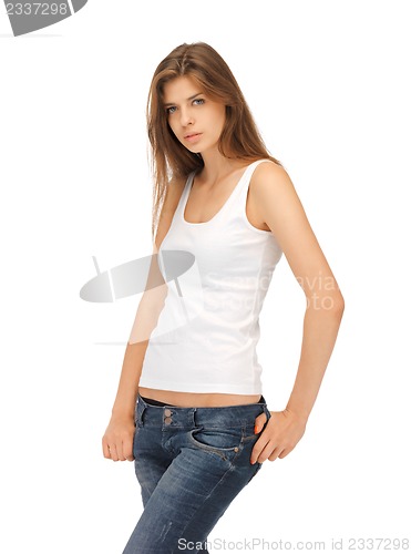 Image of calm and serious woman in blank white t-shirt