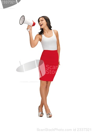 Image of woman in blank white t-shirt with megaphone