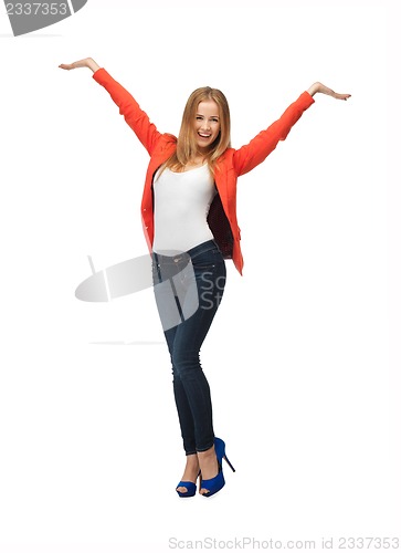 Image of teenage girl making greeting gesture