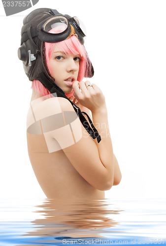 Image of topless pink hair girl in aviator helmet