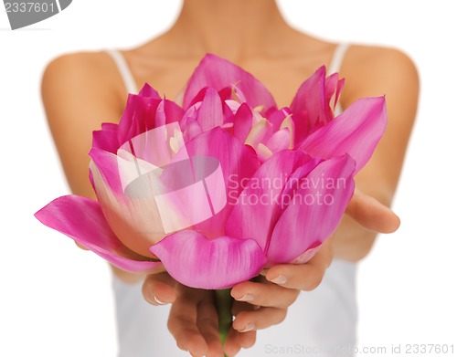 Image of woman hands holding lotus flower