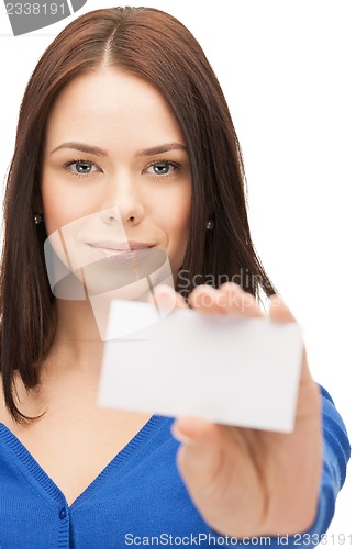 Image of attractive businesswoman with business card