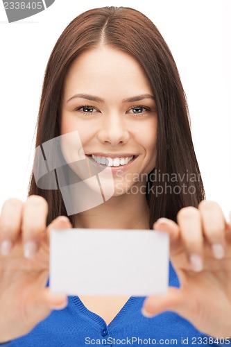 Image of attractive businesswoman with business card