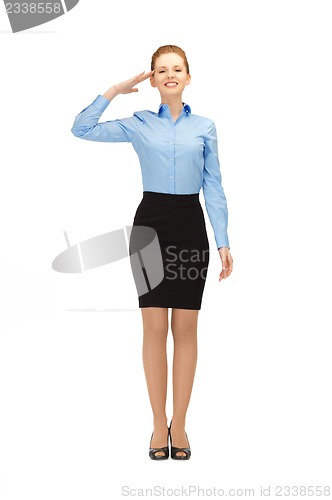 Image of stewardess making salute gesture