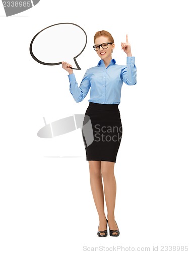 Image of smiling businesswoman with blank text bubble