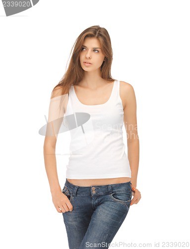 Image of calm and serious woman in blank white t-shirt