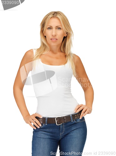 Image of calm and serious woman in blank white t-shirt
