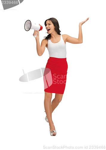 Image of woman in blank white t-shirt with megaphone