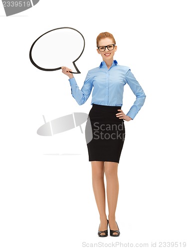 Image of smiling businesswoman with blank text bubble