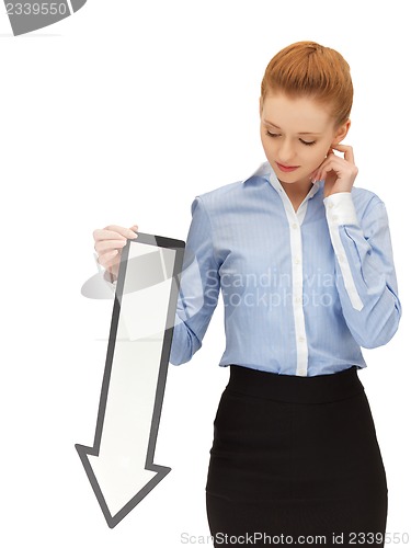 Image of woman with direction arrow sign