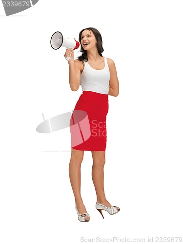 Image of woman in blank white t-shirt with megaphone