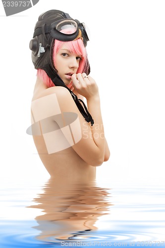 Image of topless pink hair girl in aviator helmet