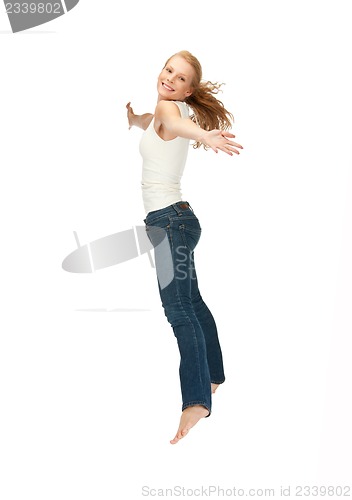 Image of jumping teenage girl in blank white t-shirt