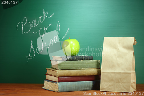 Image of Books, Apple and Lunch on Teacher Desk