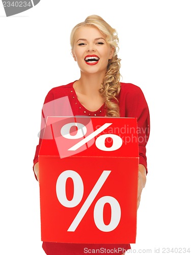 Image of lovely woman in red dress with percent sign