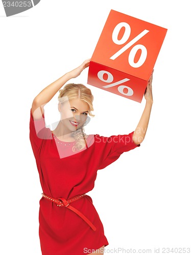 Image of lovely woman in red dress with percent sign