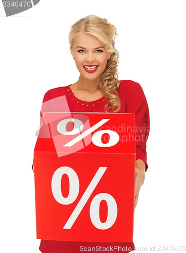 Image of lovely woman in red dress with percent sign