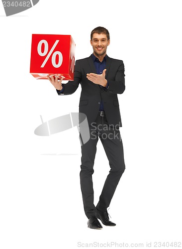 Image of handsome man in suit with percent sign