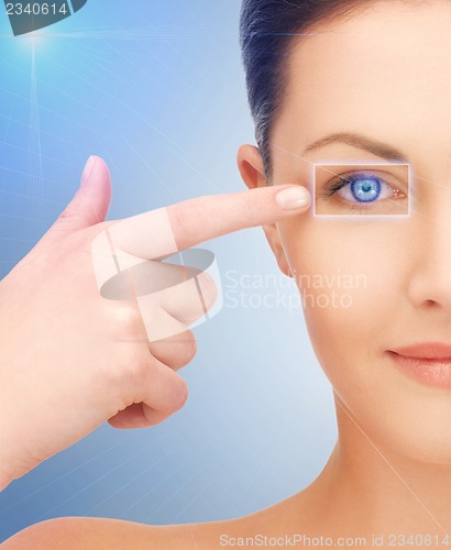 Image of beautiful woman pointing to eye