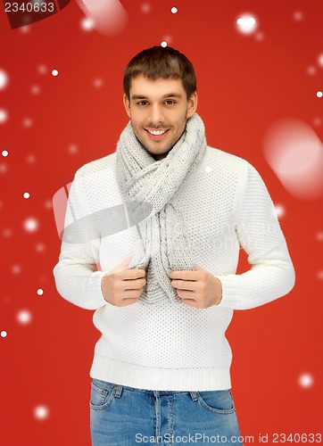 Image of handsome man in warm sweater and scarf