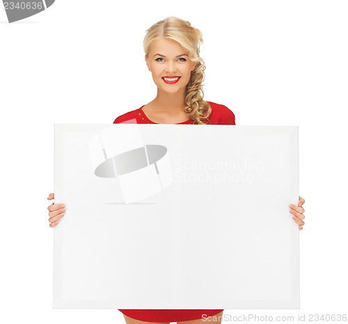 Image of lovely woman in red dress with blank board