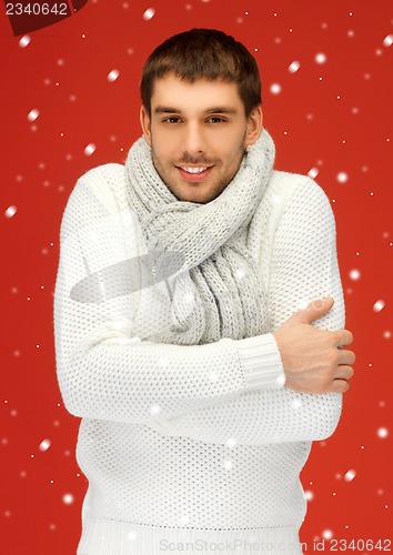 Image of handsome man in warm sweater and scarf