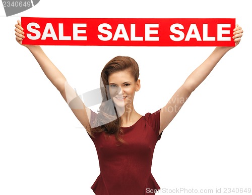 Image of teenage girl in red dress with sale sign