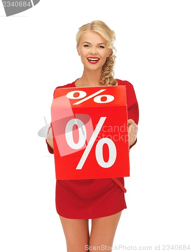 Image of lovely woman in red dress with percent sign