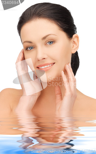 Image of face and hands of beautiful woman in water